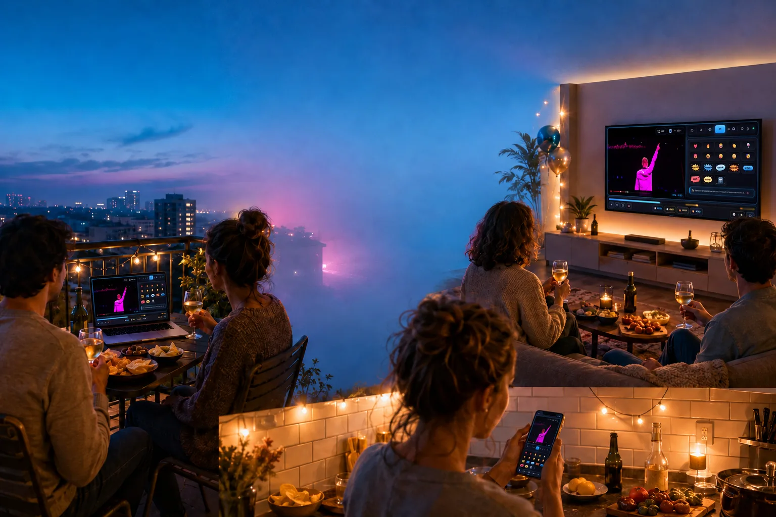 Un salon, une terrasse et un coin cuisine regardent la même vidéo YouTube au même instant, verre à la main, entre amuse-gueules et guirlandes lumineuses