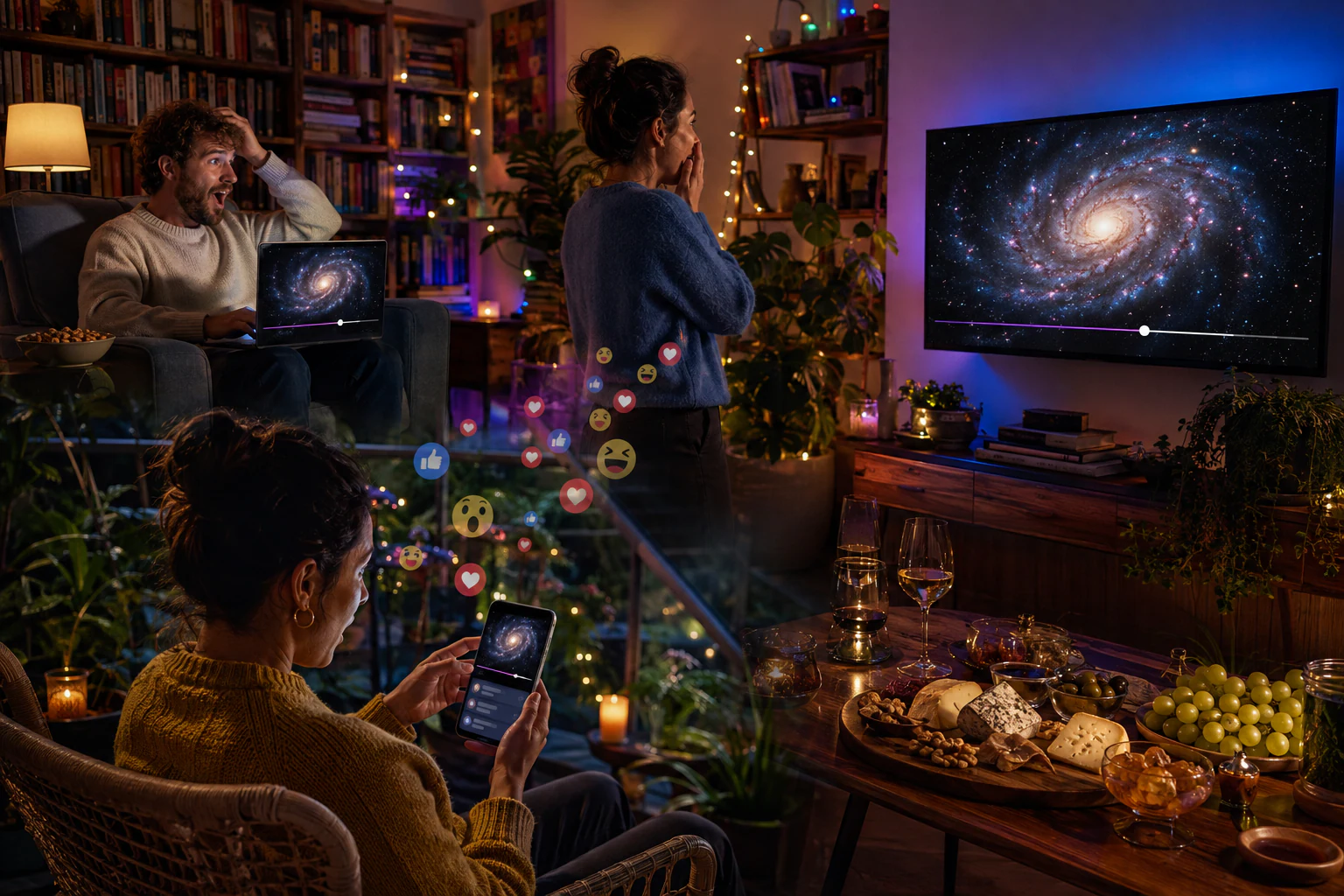 Trois amis dans trois lieux différents — un coin bibliothèque, une véranda entourée de plantes et un salon — découvrent le même documentaire sur une galaxie au même instant, sur un ordinateur portable, un téléphone tenu en main et une grande télévision, autour d'une planche de fromages