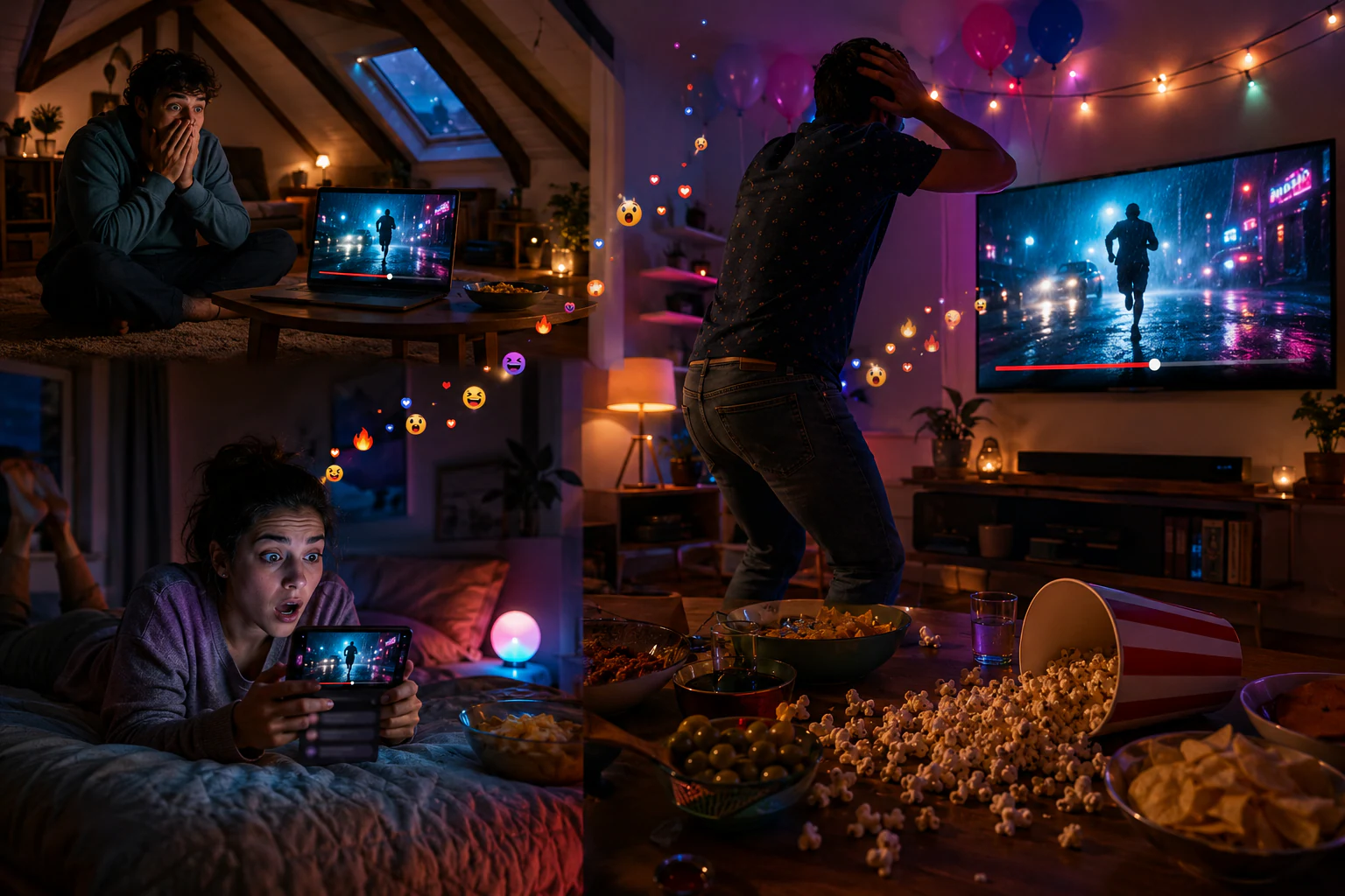 Trois amis dans trois lieux différents — une mezzanine sous les toits, une chambre et un salon — regardent la même scène de film nocturne au même instant, sur un ordinateur portable, un téléphone tenu en main et une grande télévision, au milieu du pop-corn renversé