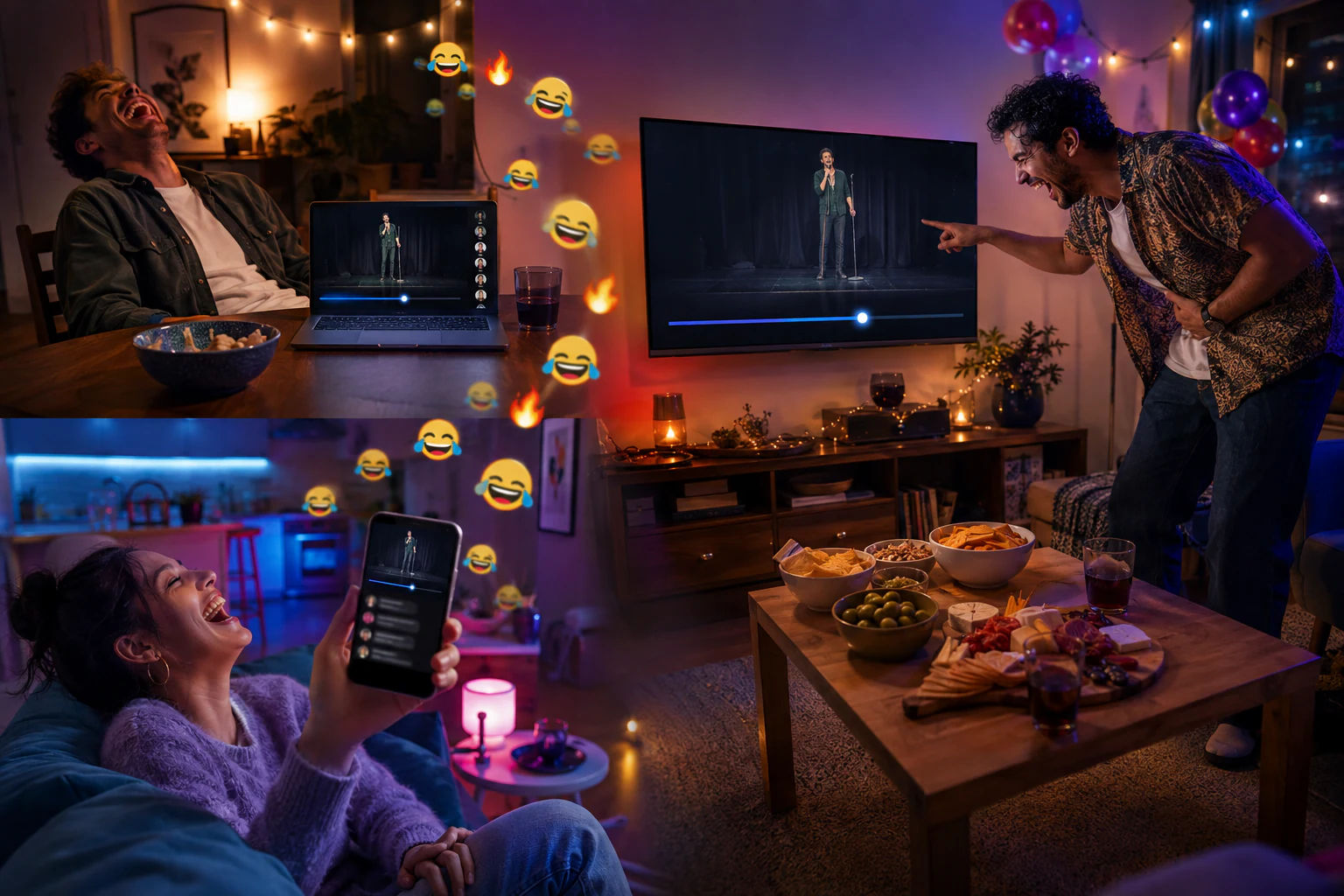 Trois amis dans trois lieux différents — une salle à manger, le canapé d'un studio et un salon — rient aux éclats devant le même spectacle de stand-up au même instant, sur un ordinateur portable, un téléphone tenu en main et une grande télévision, entourés de chips et d'amuse-gueules