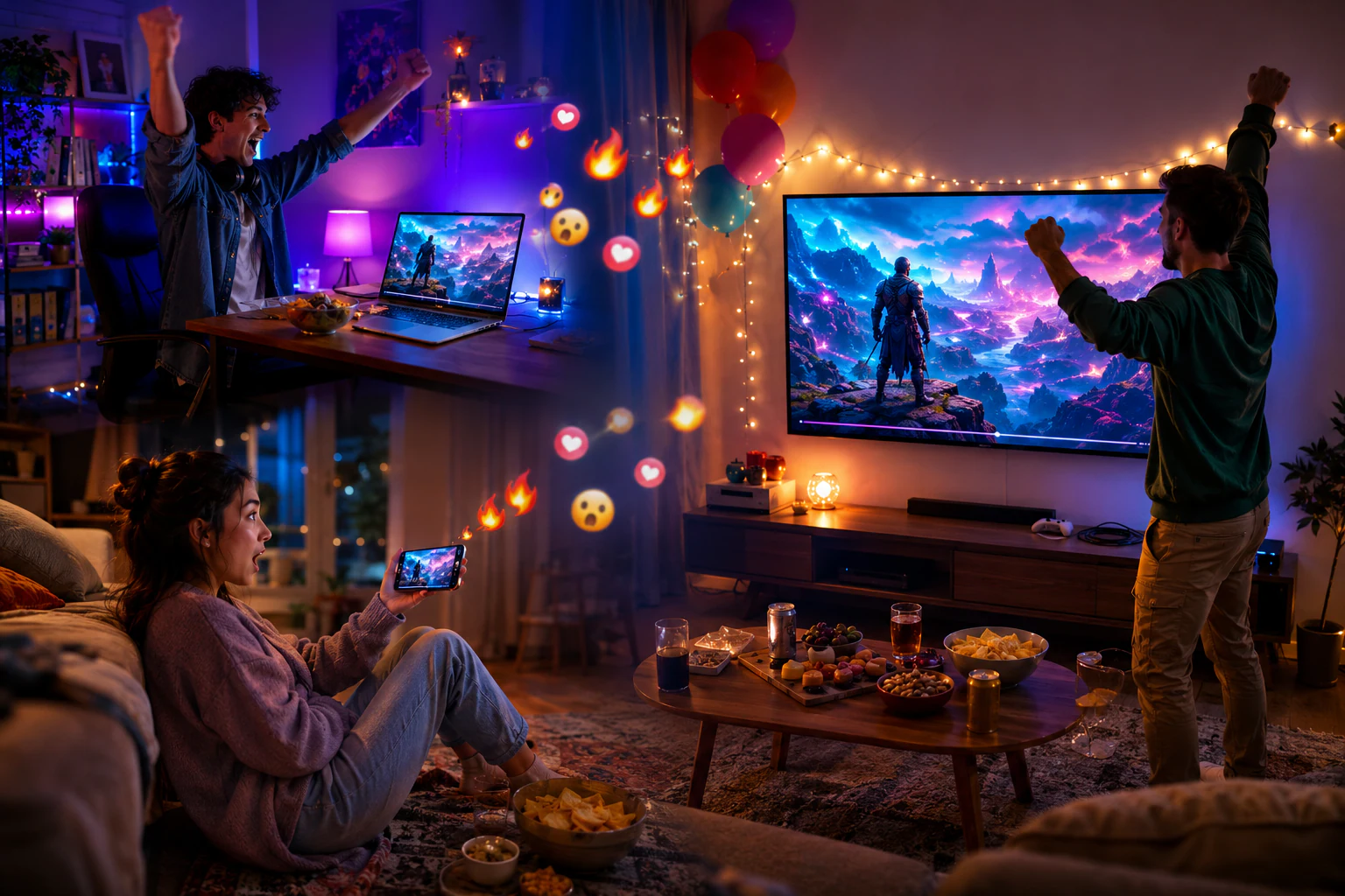 Trois amis dans trois lieux différents — un coin bureau éclairé de LED, un tapis de salon et un salon — regardent la même séquence de jeu vidéo au même instant, sur un ordinateur portable, un téléphone tenu en main et une grande télévision, la manette posée de côté