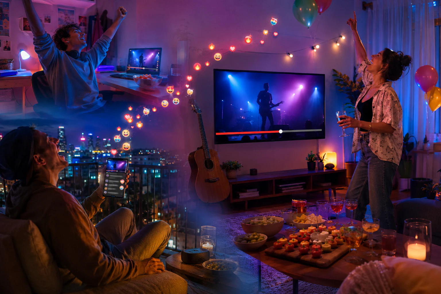Trois amis dans trois lieux différents — une chambre, un balcon donnant sur la ville et un salon — regardent le même concert au même instant, sur un ordinateur portable, un téléphone tenu en main et une grande télévision, entourés de verres et d'amuse-gueules
