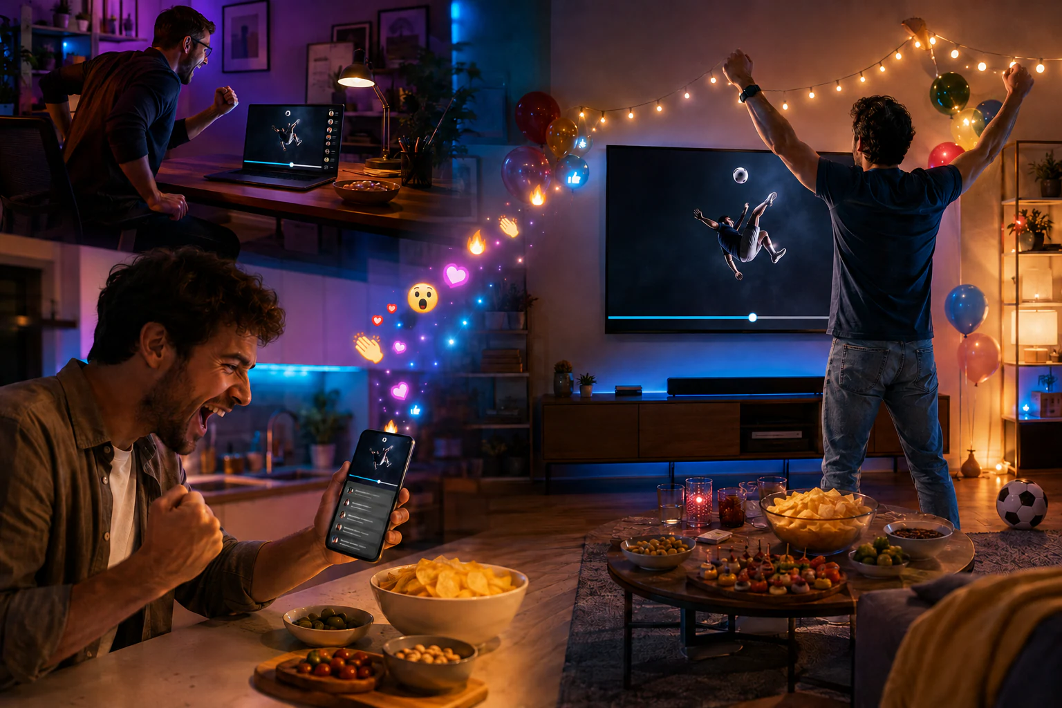 Trois amis dans trois lieux différents — un bureau, une cuisine et un salon — regardent le même ralenti de football au même instant, sur un ordinateur portable, un téléphone tenu en main et une grande télévision, entourés de chips et d'amuse-gueules