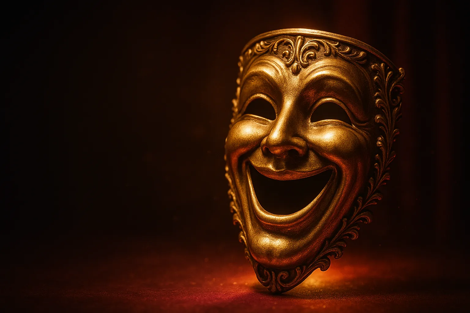 AperoRoom — Le Comedy Club : illustration poster d'un masque de comédie antique doré avec grand sourire éclatant, ornements baroques, ambiance théâtre rose-or