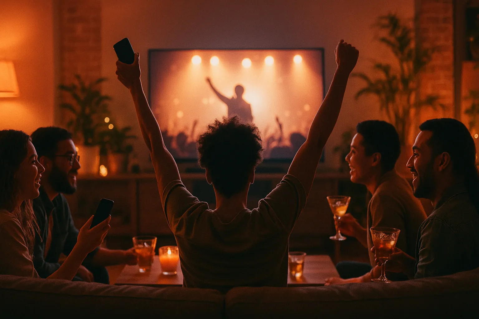 AperoRoom — groupe d'amis devant la TV avec un concert live, une personne lève les bras et son smartphone pour célébrer sa vidéo qui vient d'être tirée au sort