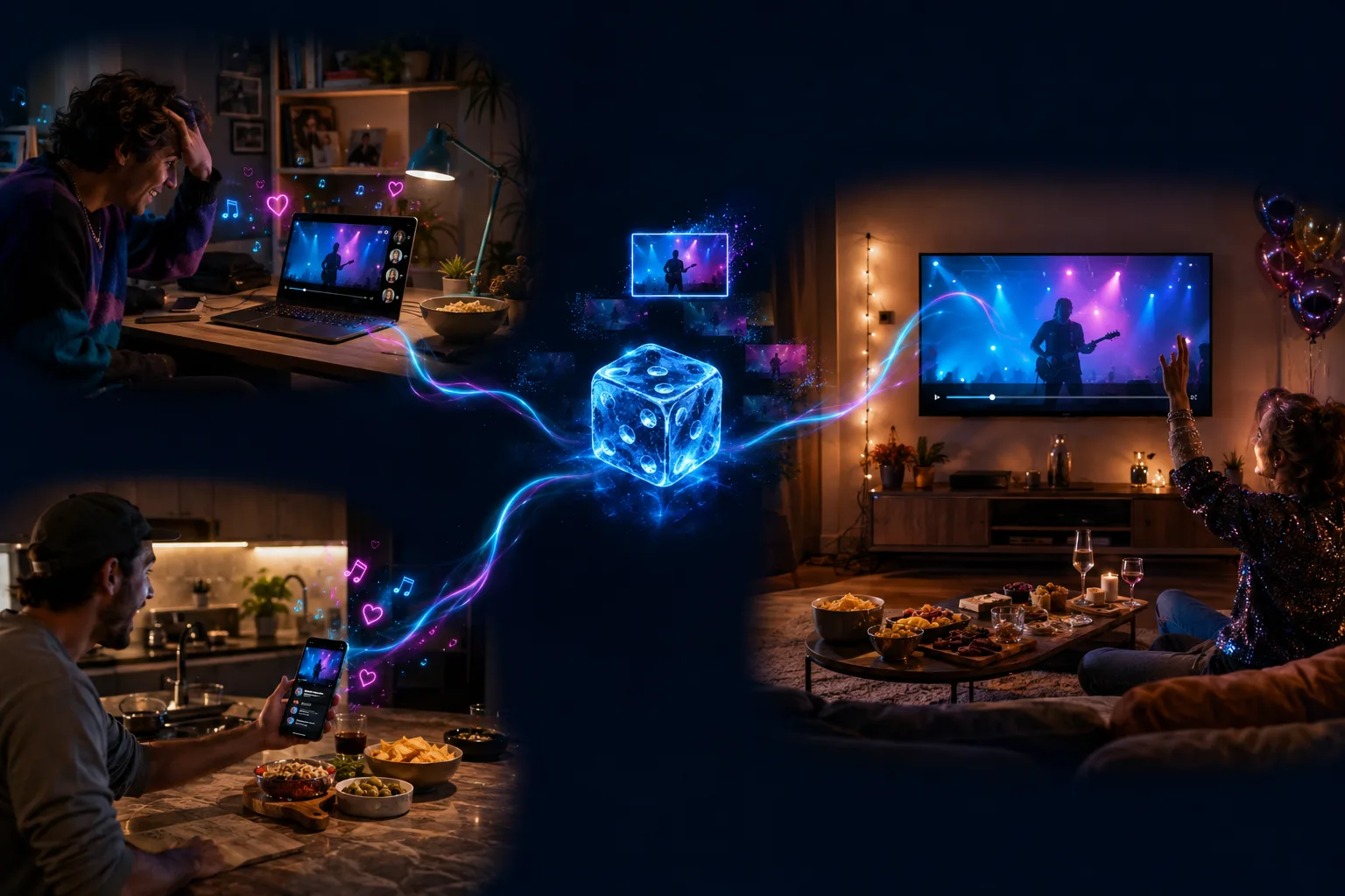 AperoRoom — groupe d'amis devant la TV avec un concert live, une personne lève les bras et son smartphone pour célébrer sa vidéo qui vient d'être tirée au sort