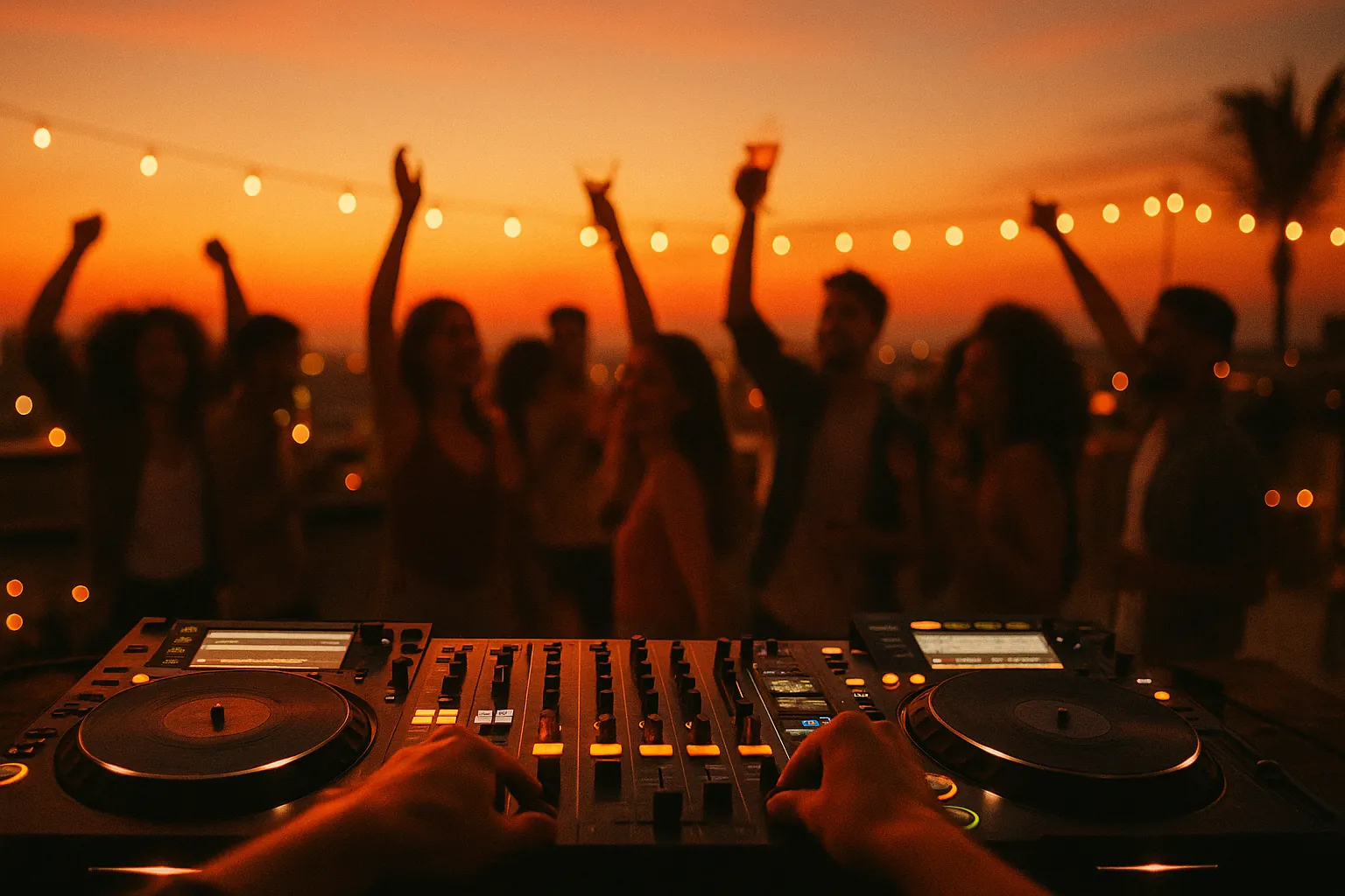 AperoRoom — DJ aux platines vinyles devant une foule d'amis qui dansent et trinquent au coucher du soleil sur un rooftop