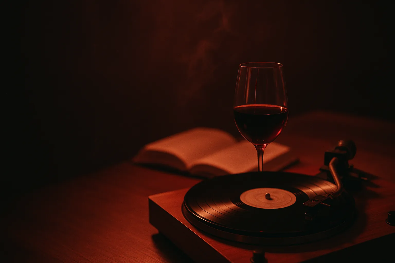 AperoRoom — Le Salon : illustration poster d'un vinyle vintage qui tourne, verre de vin rouge et livre ouvert, ambiance intime rose-or