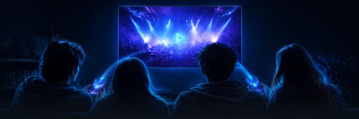 Quatre amis regardent YouTube ensemble, la même vidéo synchronisée sur la TV
