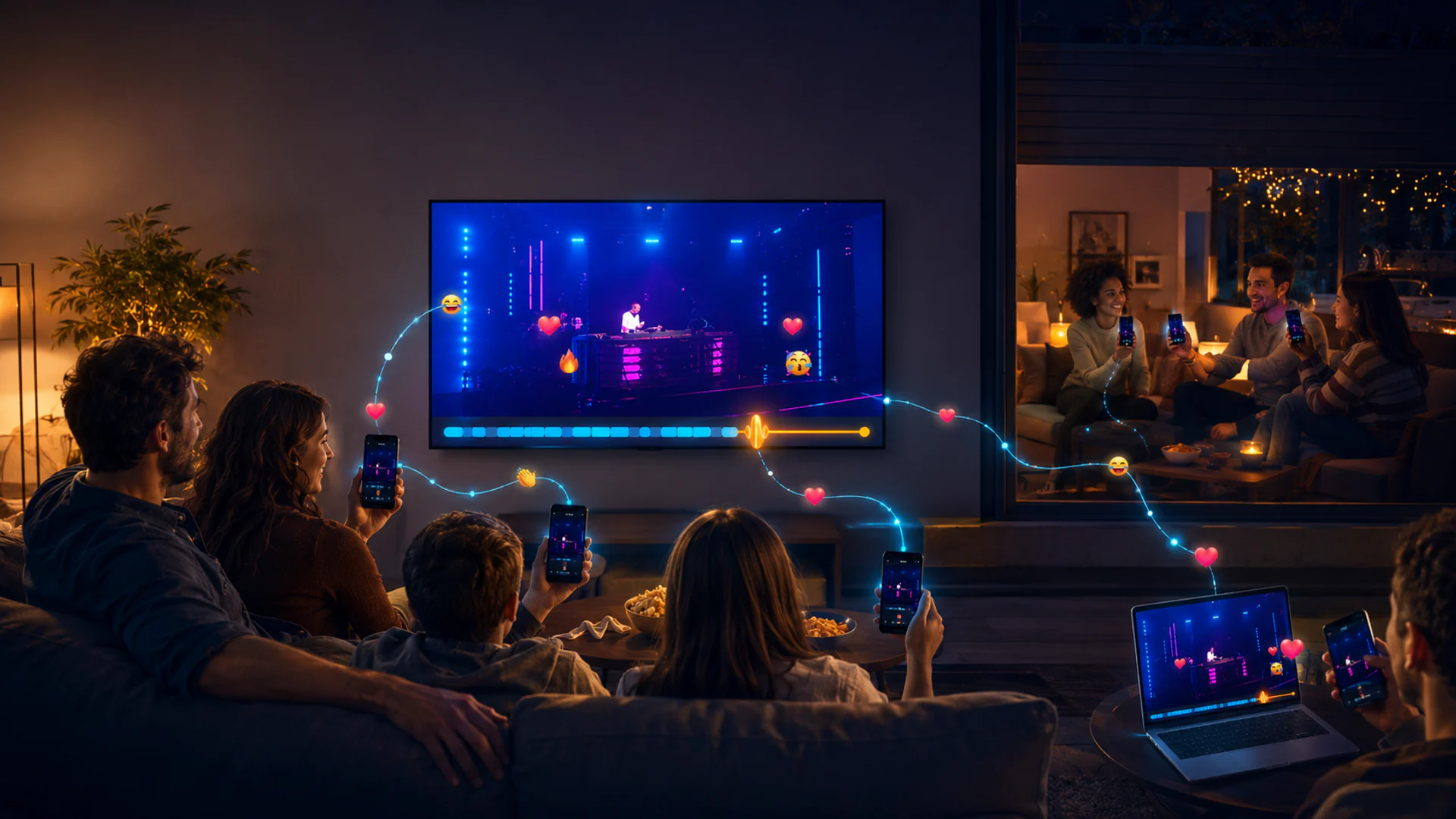 Des amis dans un salon regardent ensemble une vidéo YouTube sur la TV, chacun avec son téléphone, reliés à d''autres foyers