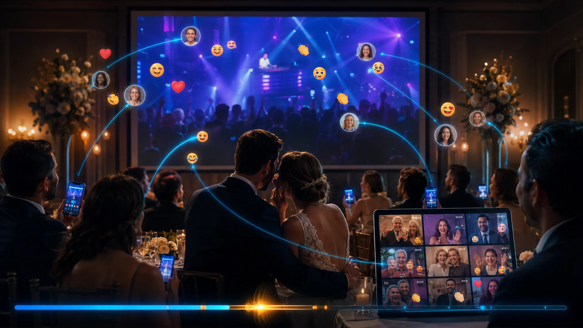 Mariage : les invités présents et ceux à distance regardent et proposent des vidéos ensemble sur grand écran