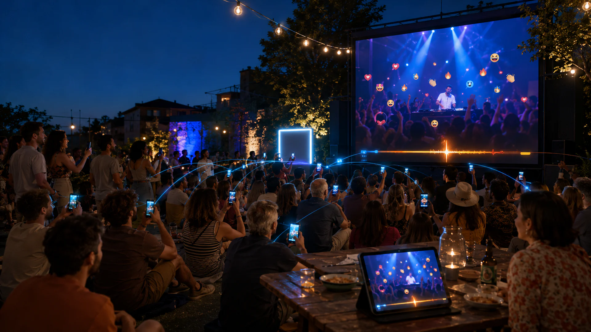 Projection en plein air : le public propose des vidéos YouTube et réagit en direct depuis son téléphone