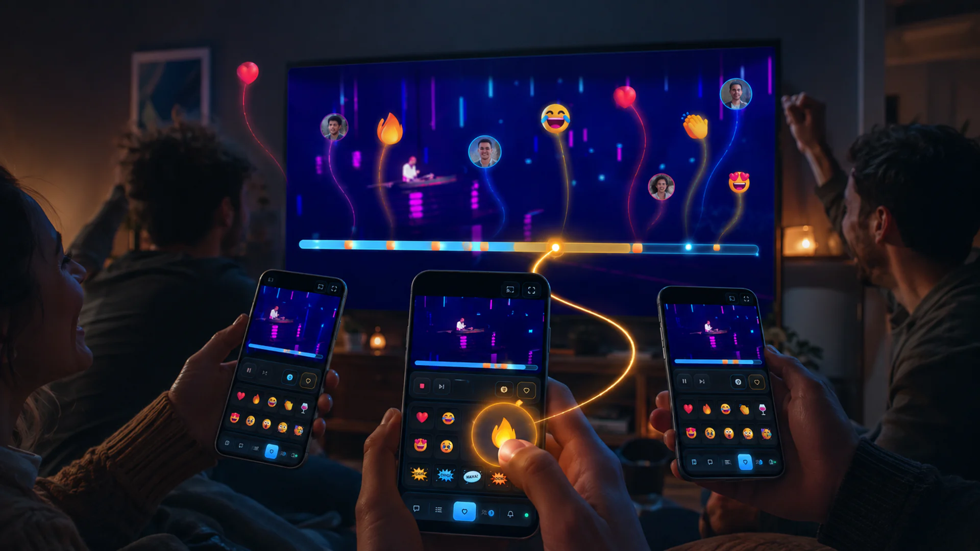 Trois téléphones envoient des réactions emoji qui s''affichent en direct sur l''écran de l''apéro