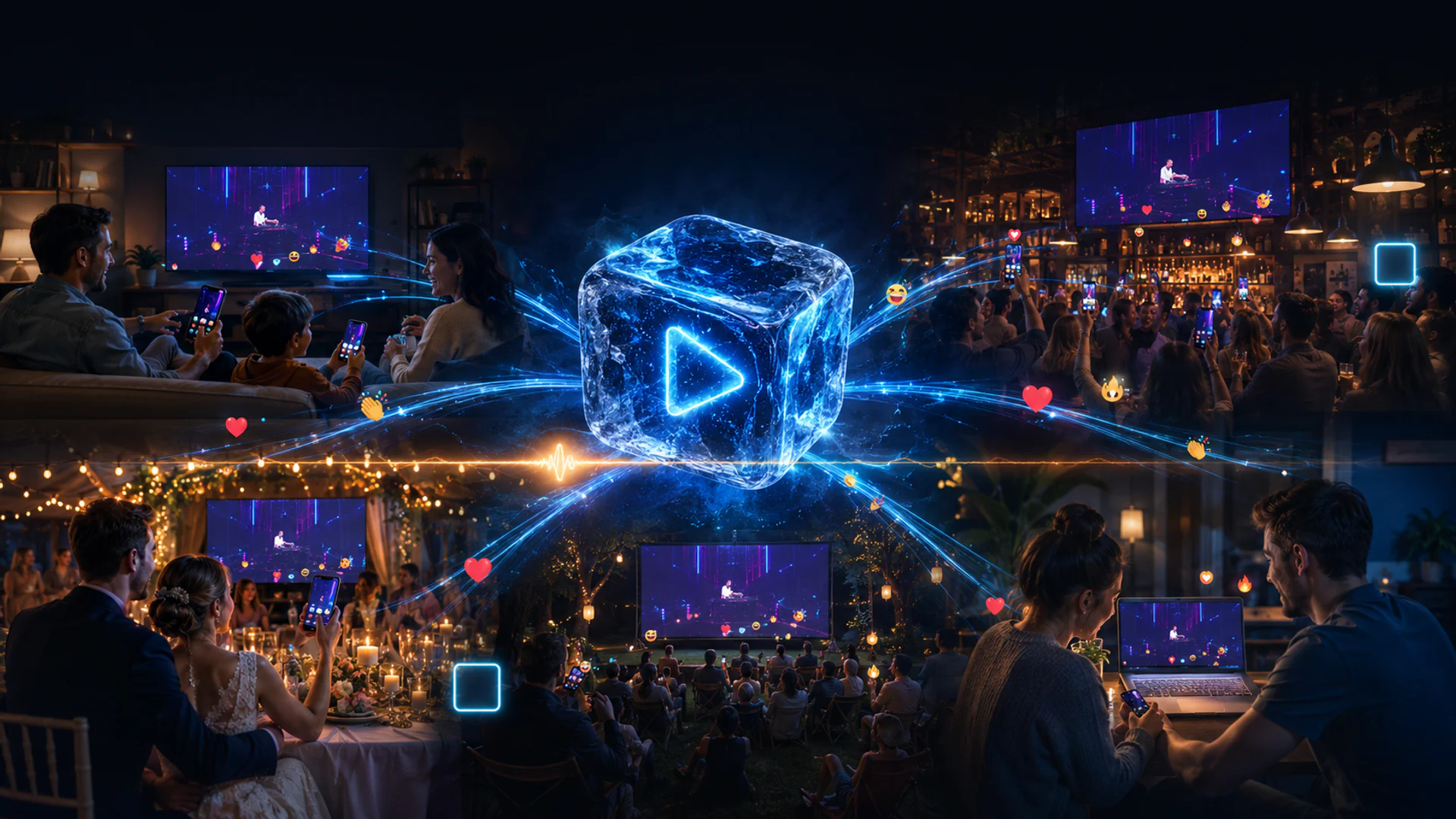 Vue d''ensemble AperoRoom : salon, bar, mariage et terrasse reliés autour d''un glaçon lumineux avec un bouton play