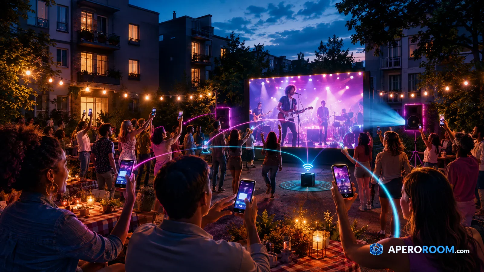 Organiser une animation participative sur écran en extérieur Des habitants programment un écran participatif depuis leur téléphone pendant une fête de quartier en extérieur.