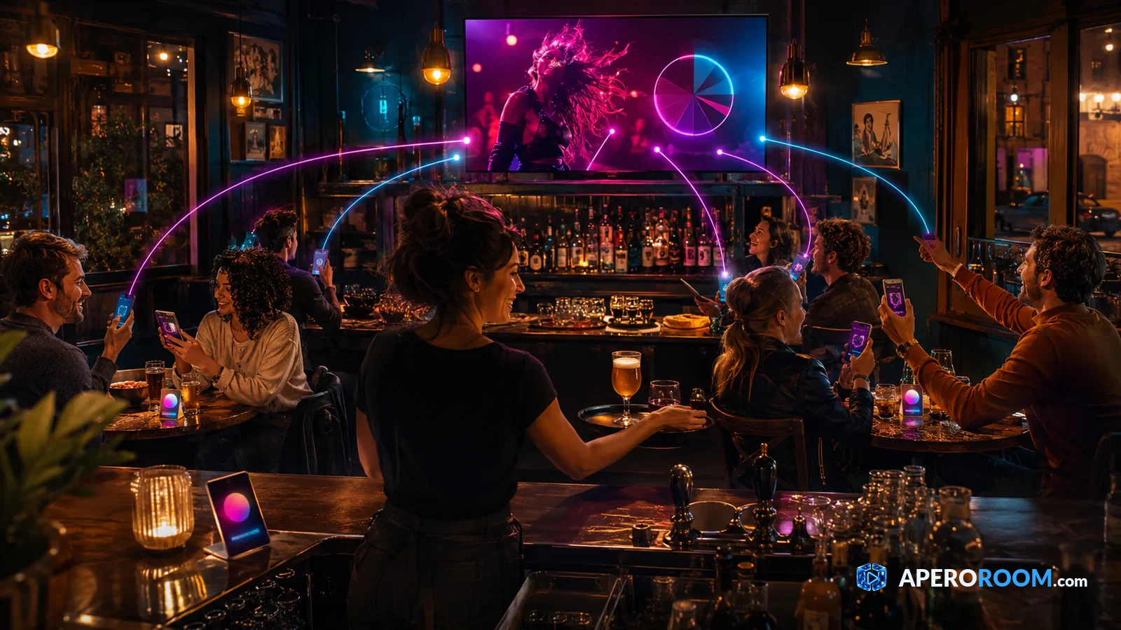 Des clients programment les vidéos diffusées sur l'écran d'un bar depuis leur téléphone pendant une soirée.