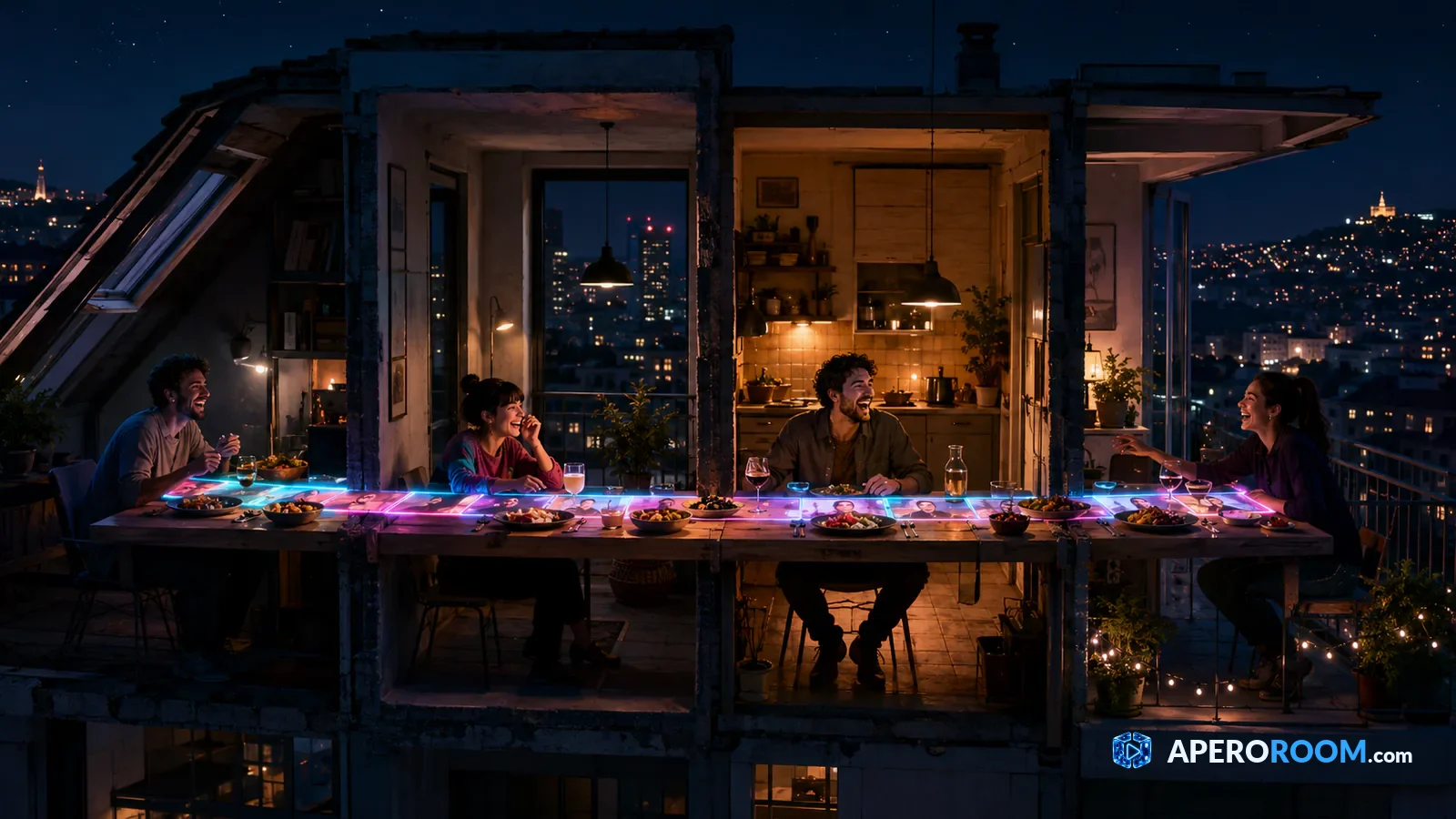 A long table runs through several homes, symbolically bringing together friends having drinks apart.