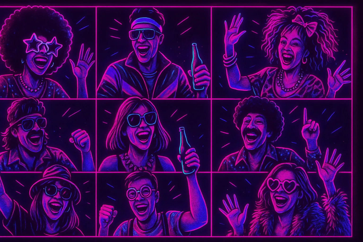 Apéro visio à thème déguisé : des amis en costumes disco et années 80 rient en visio