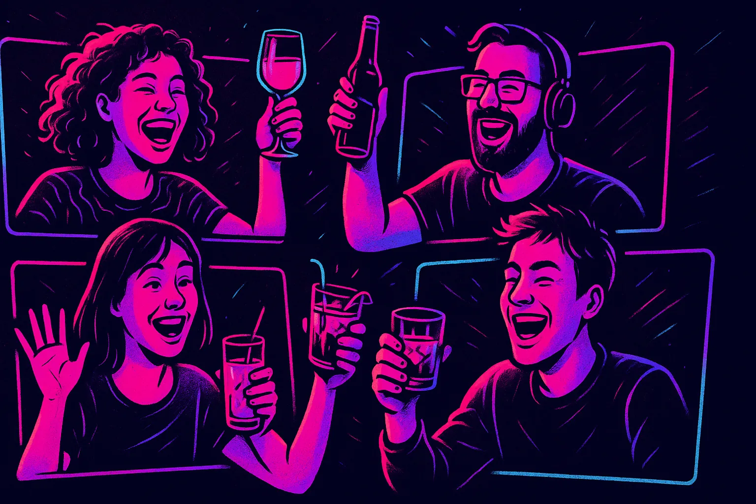 Apéro visio réussi : des amis à distance trinquent ensemble en visio dans une ambiance festive