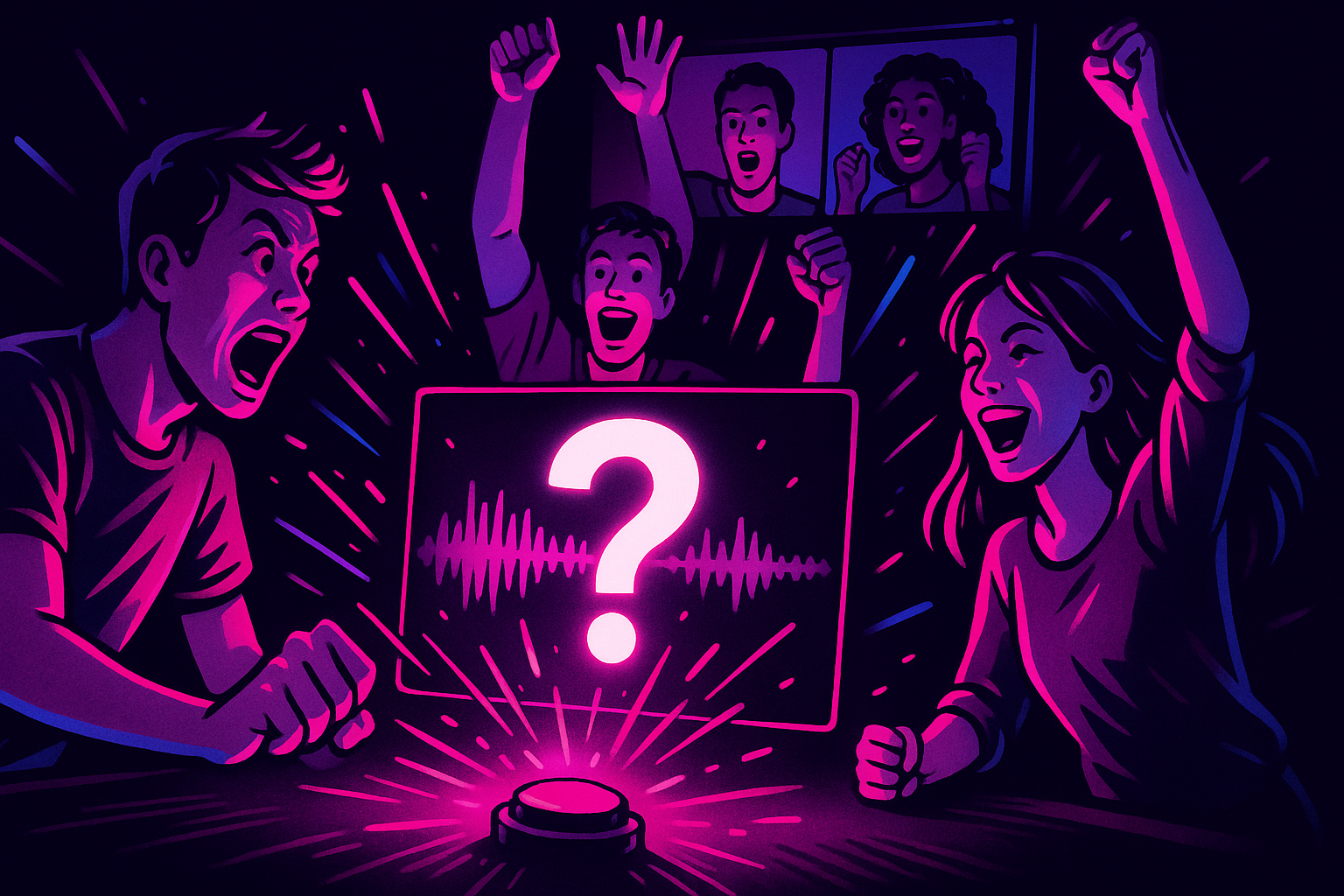 Des amis s'affrontent au buzzer pour deviner un morceau mystère lors d'un blind test à distance