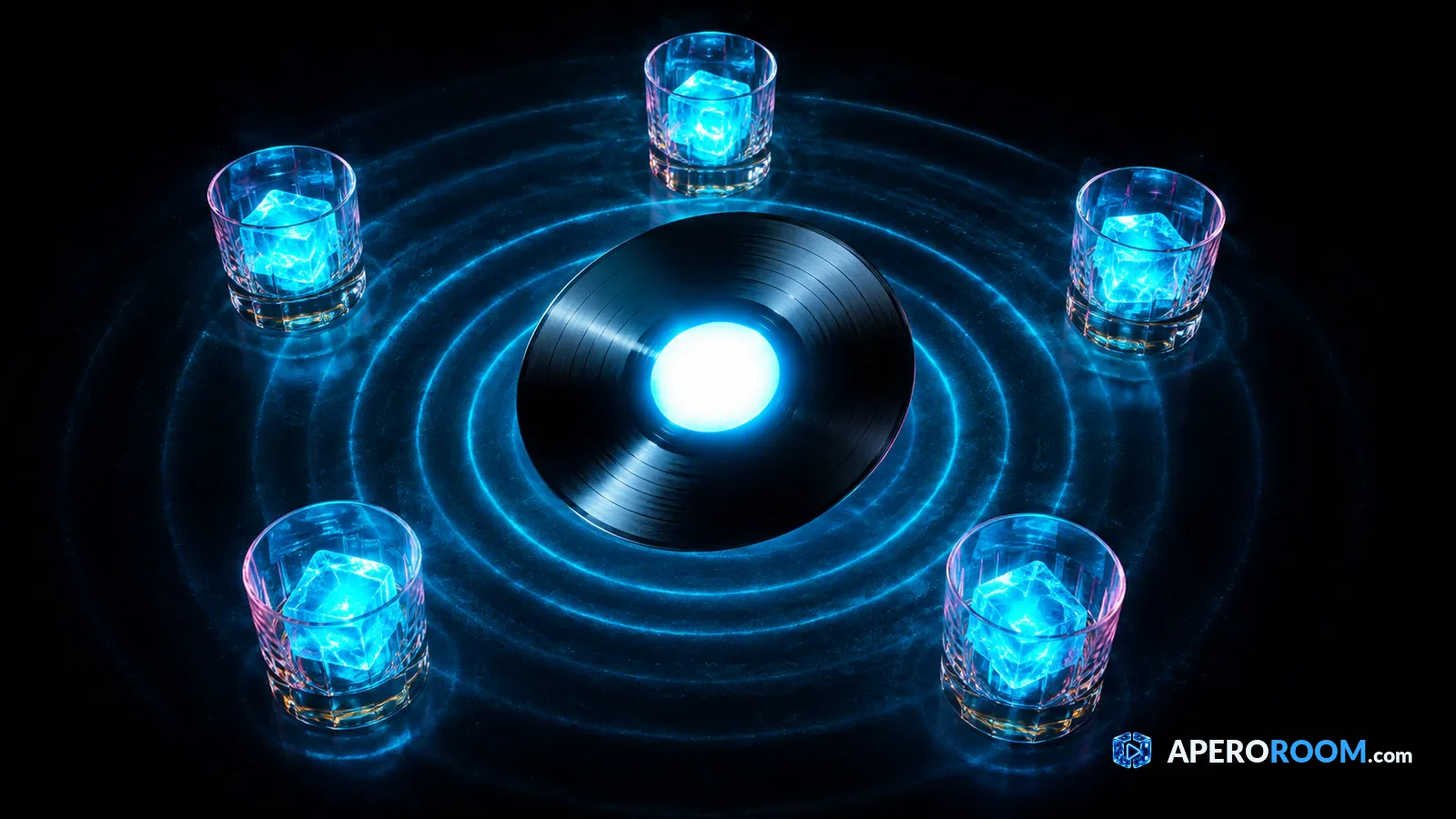 Un vinyle au centre lumineux envoie une onde vers cinq verres disposés en cercle à égale distance.
