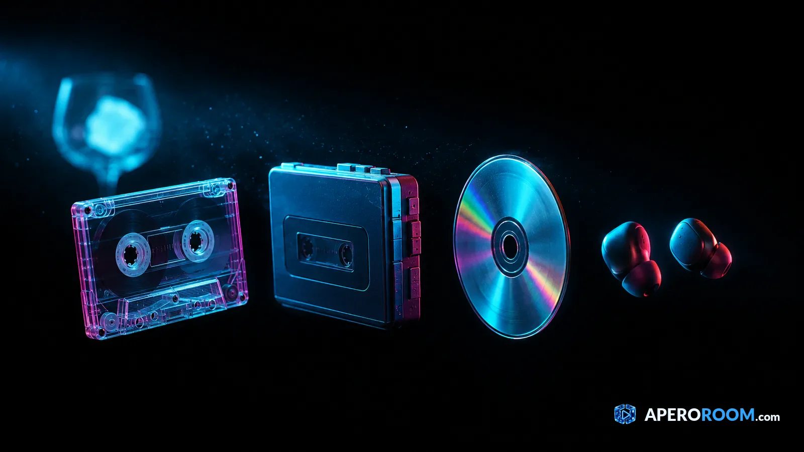 Mélanger les époques dans la playlist d'un blind test Une cassette, un baladeur, un CD et des écouteurs sans fil alignés dans une même lumière bleue.