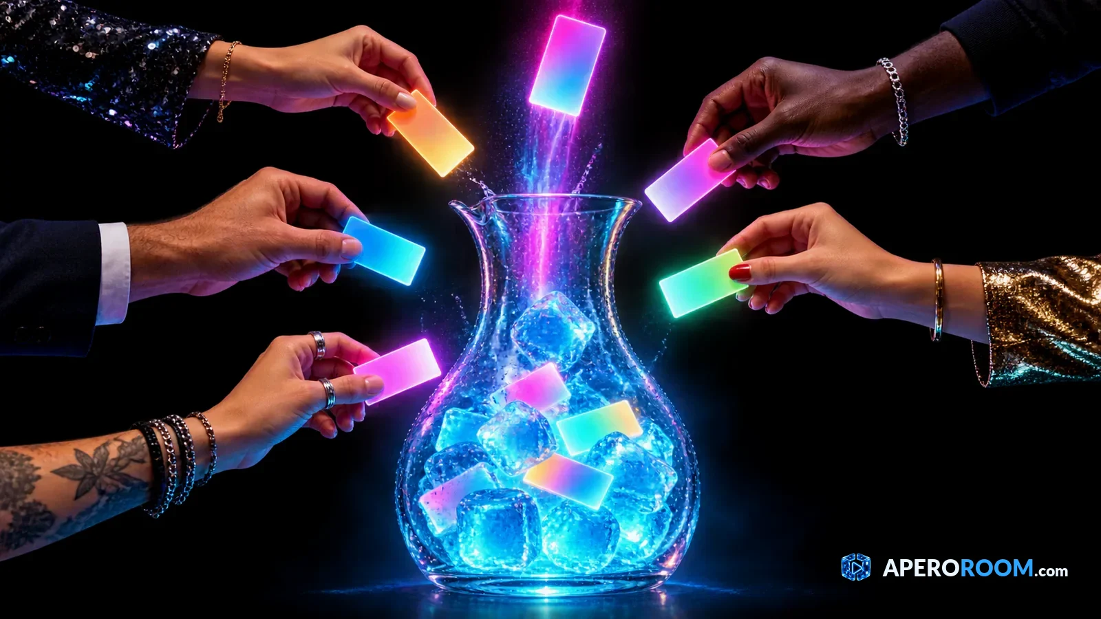 Everyone suggests a video, the random draw decides Five hands each drop a glowing card into a carafe full of ice cubes, one of them shooting back out.