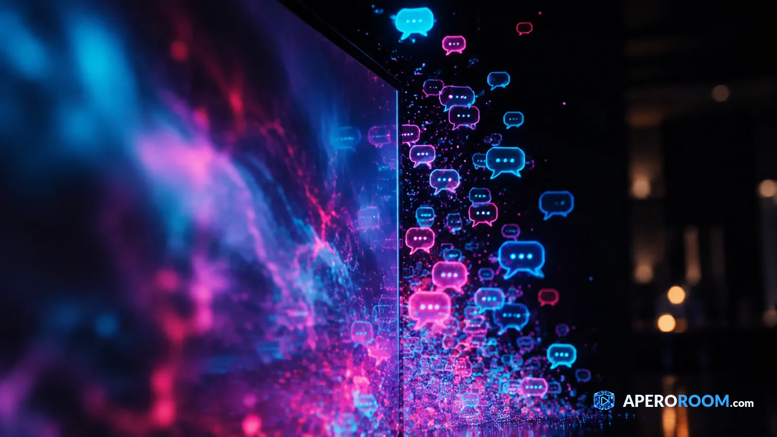 A cascade of glowing cyan and magenta bubbles bursts along the edge of a video screen.