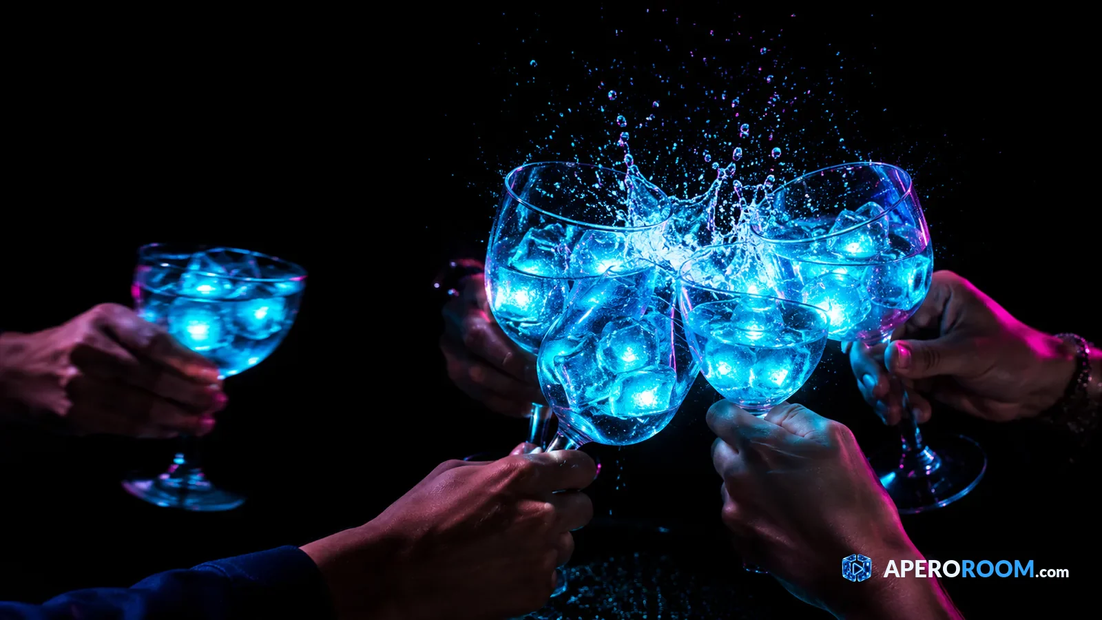 The lag that ruins a remote video night Four glasses with glowing ice cubes clink in a burst of light while a fifth arrives too late.