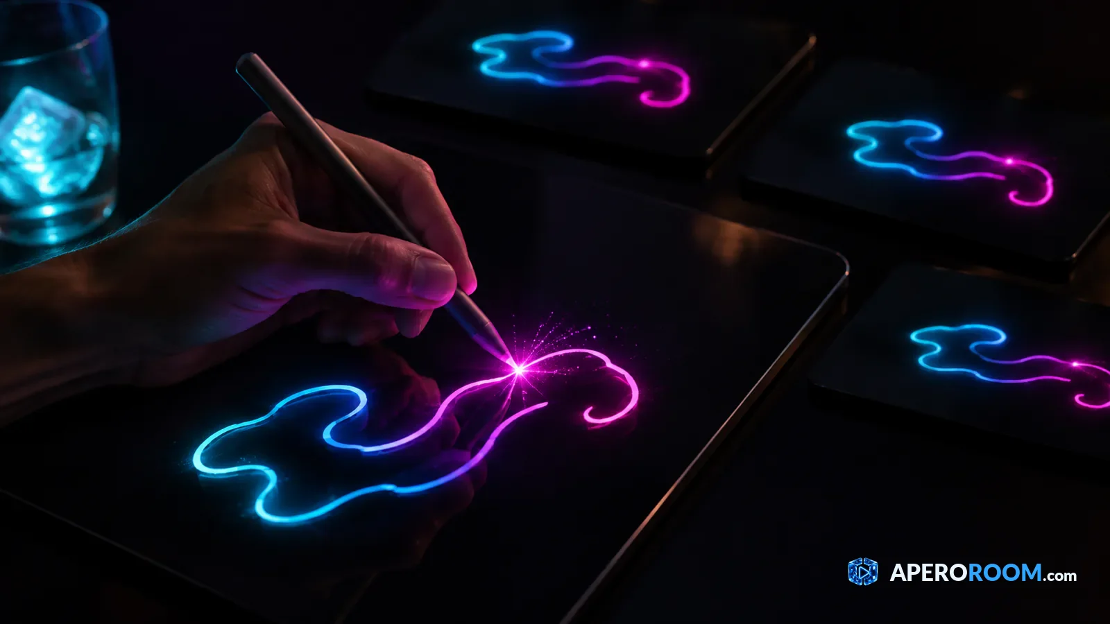 Una mano dibuja un trazo luminoso que se repite al instante en otras tres tabletas.