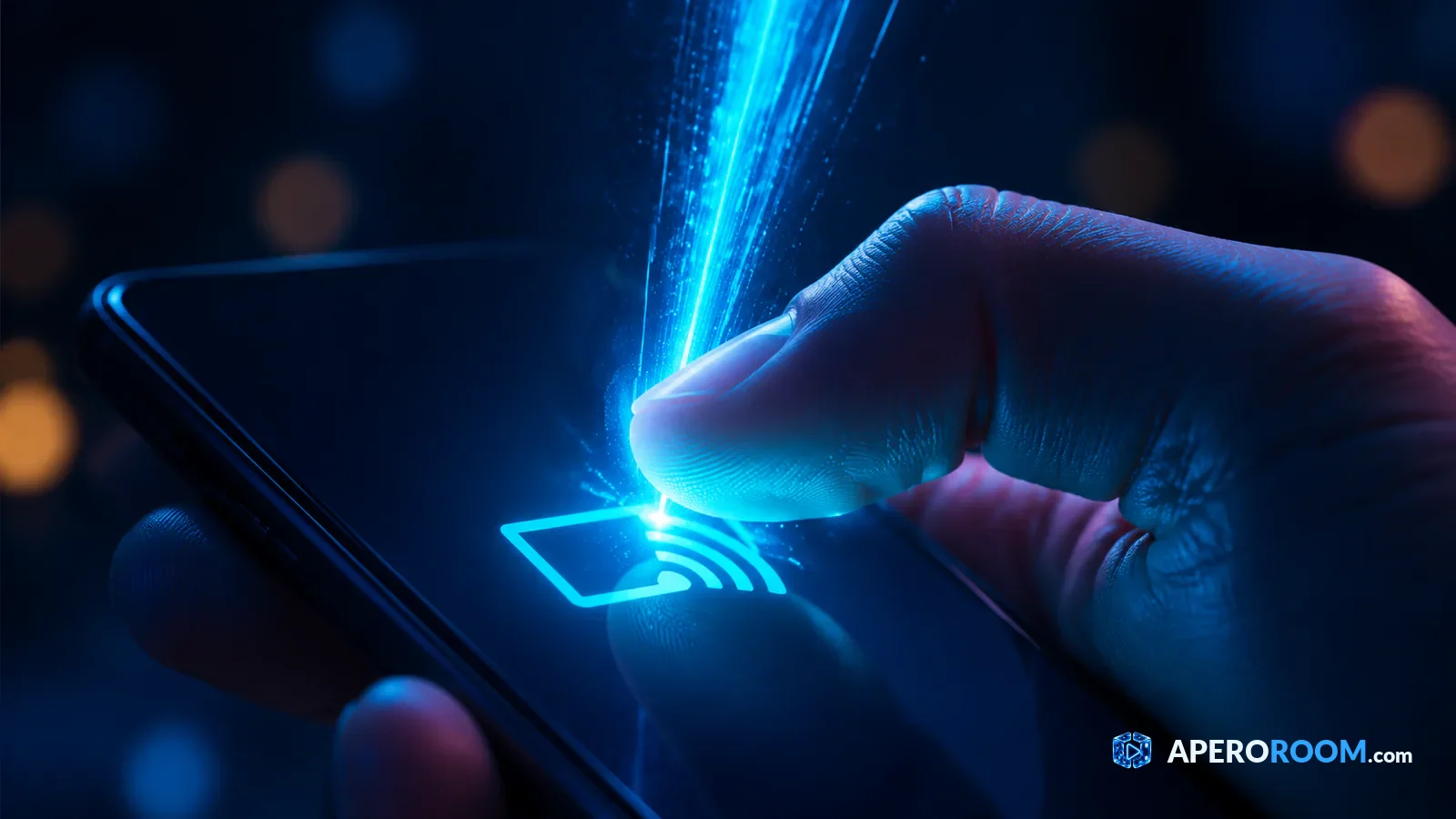 A thumb triggers casting from a generic phone and releases a cyan beam of light.