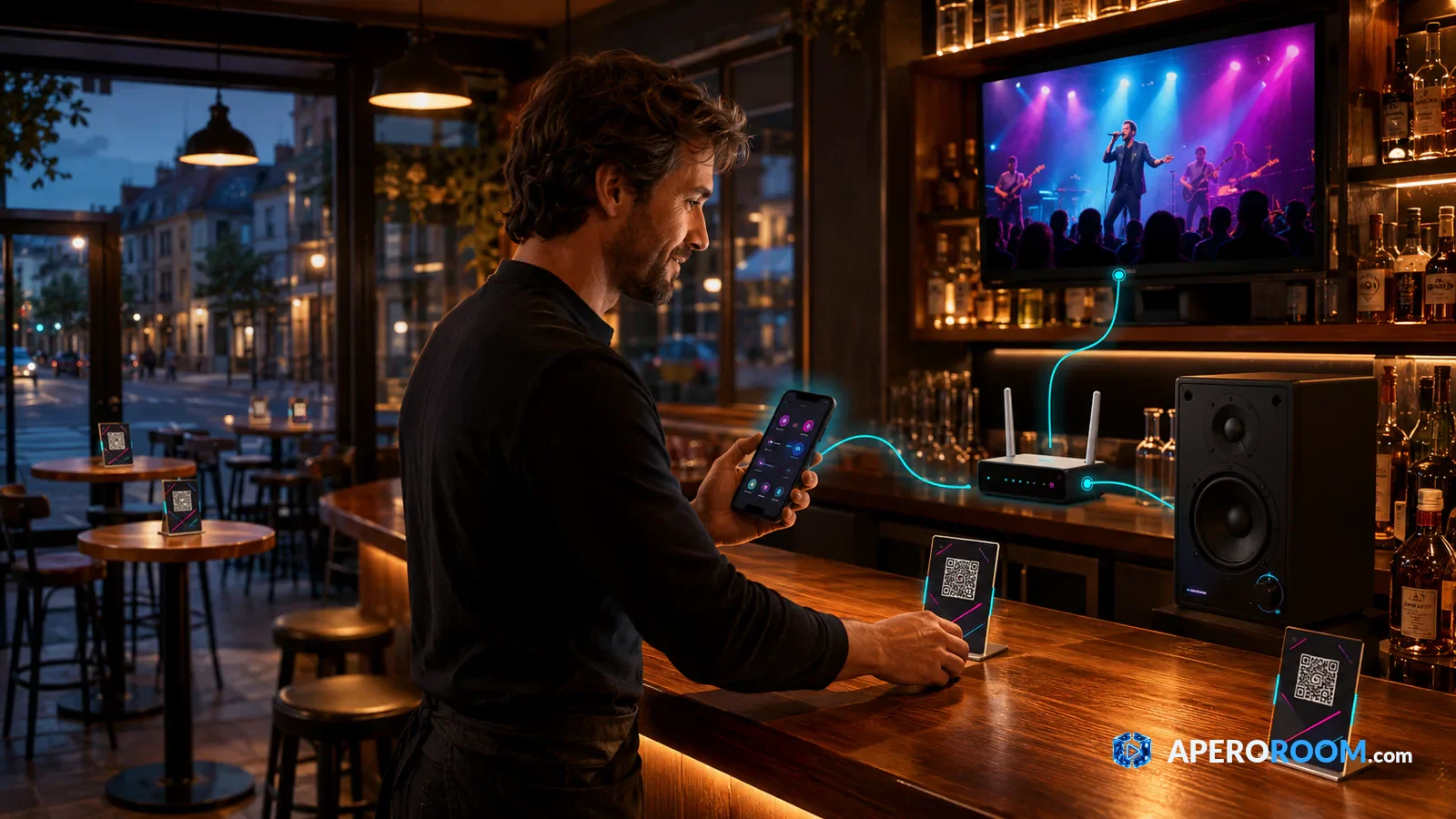 Un patron installe des QR codes et relie son téléphone à l'écran et au son du bar avant l'ouverture.