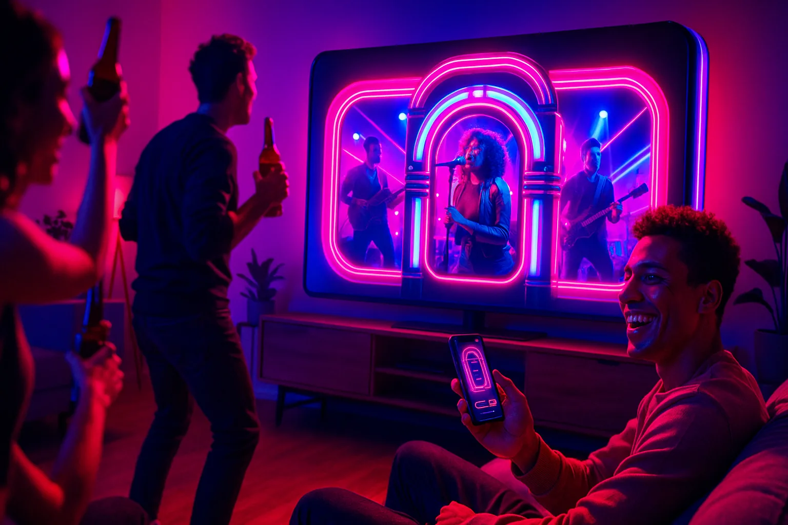 Apéro live AperoRoom affiché sur une TV, piloté depuis un iPhone