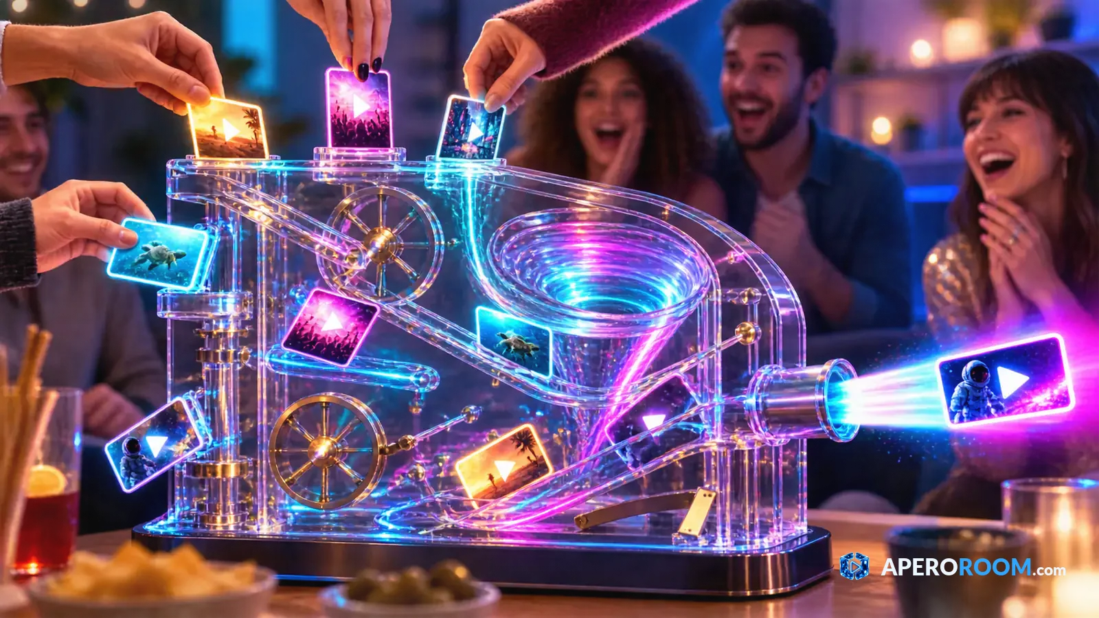 Video suggestions travel through a random-draw machine while friends wait for the result.