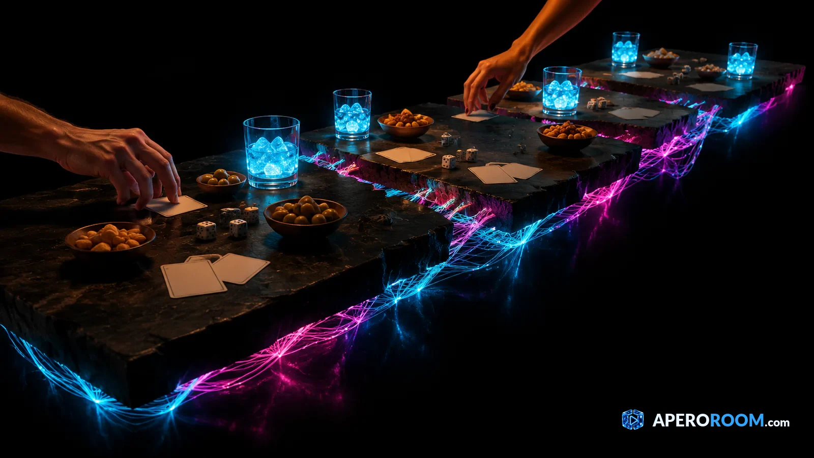Une table d'apéro fracturée en quatre morceaux reliés par des filaments de lumière cyan et magenta.