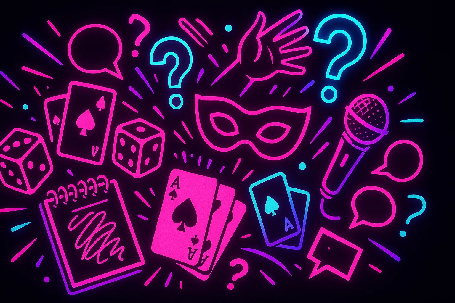 Collage de jeux d'apéro : dés, cartes, dessin, micro et masque — 10 idées de jeux à distance