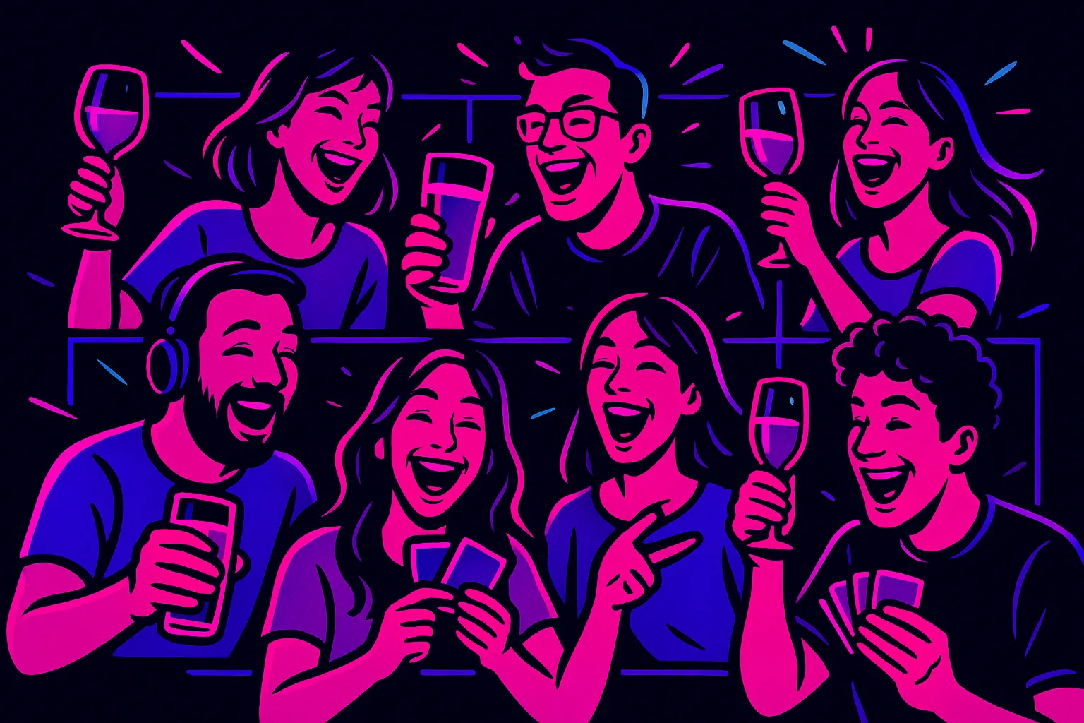 Apéro en ligne entre potes : des amis en visio, verre à la main, en plein fou rire pendant un jeu