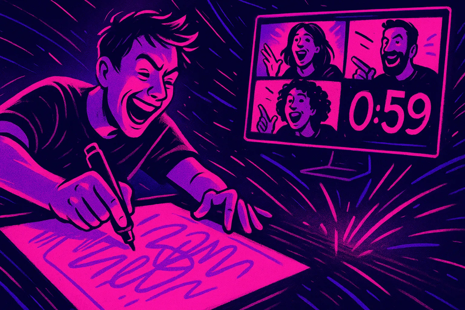 Partie de Pictionary en apéro visio : un ami dessine pendant que les autres devinent en riant