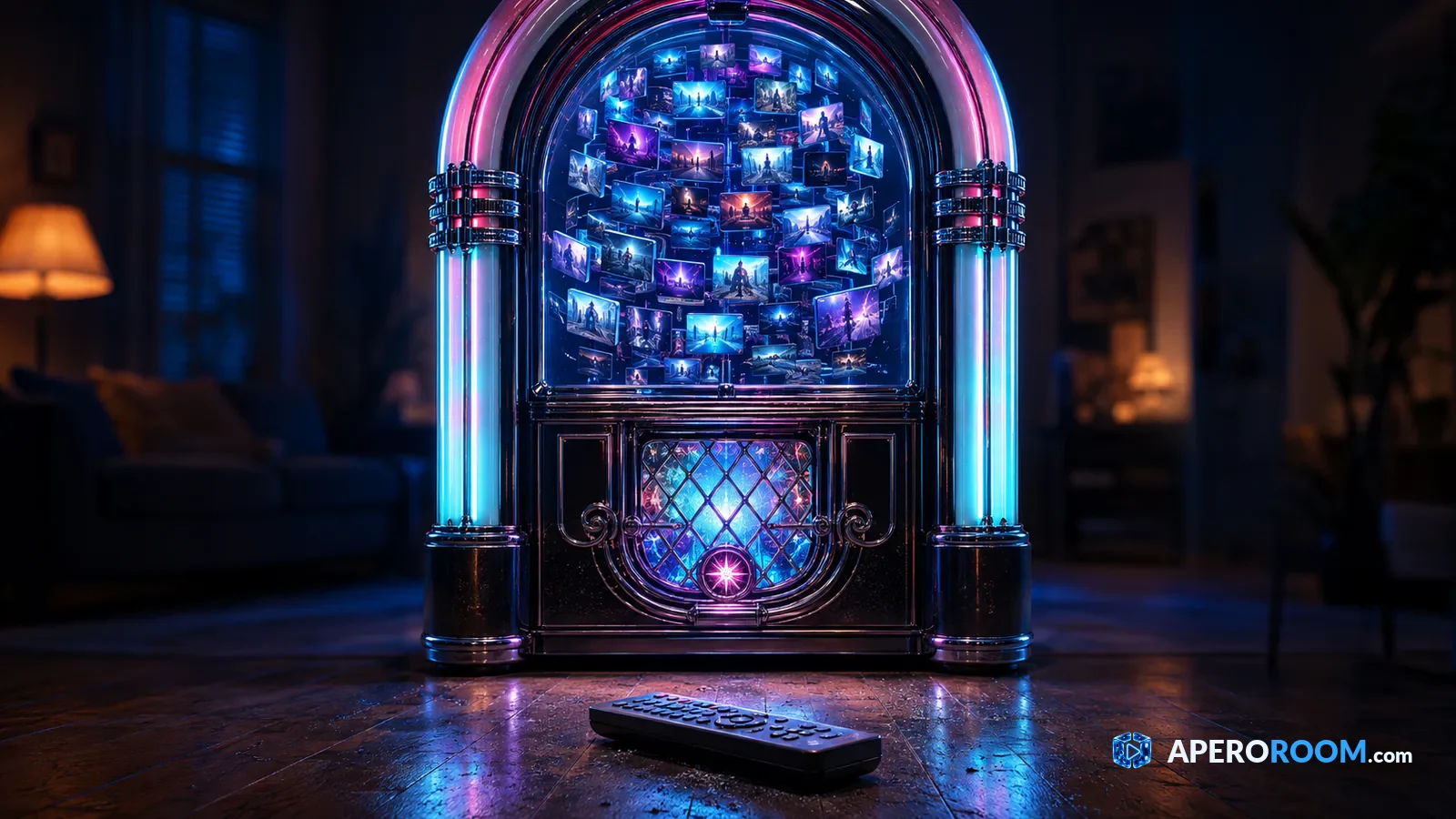 Un juke-box lumineux rempli de miniatures vidéo décide du programme tandis qu'une télécommande repose au sol.