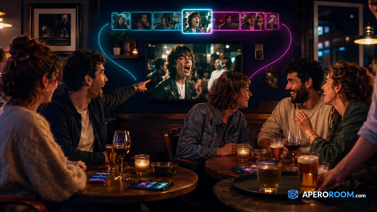 Des clients de plusieurs tables réagissent ensemble à une vidéo choisie au hasard sur l'écran du bar.