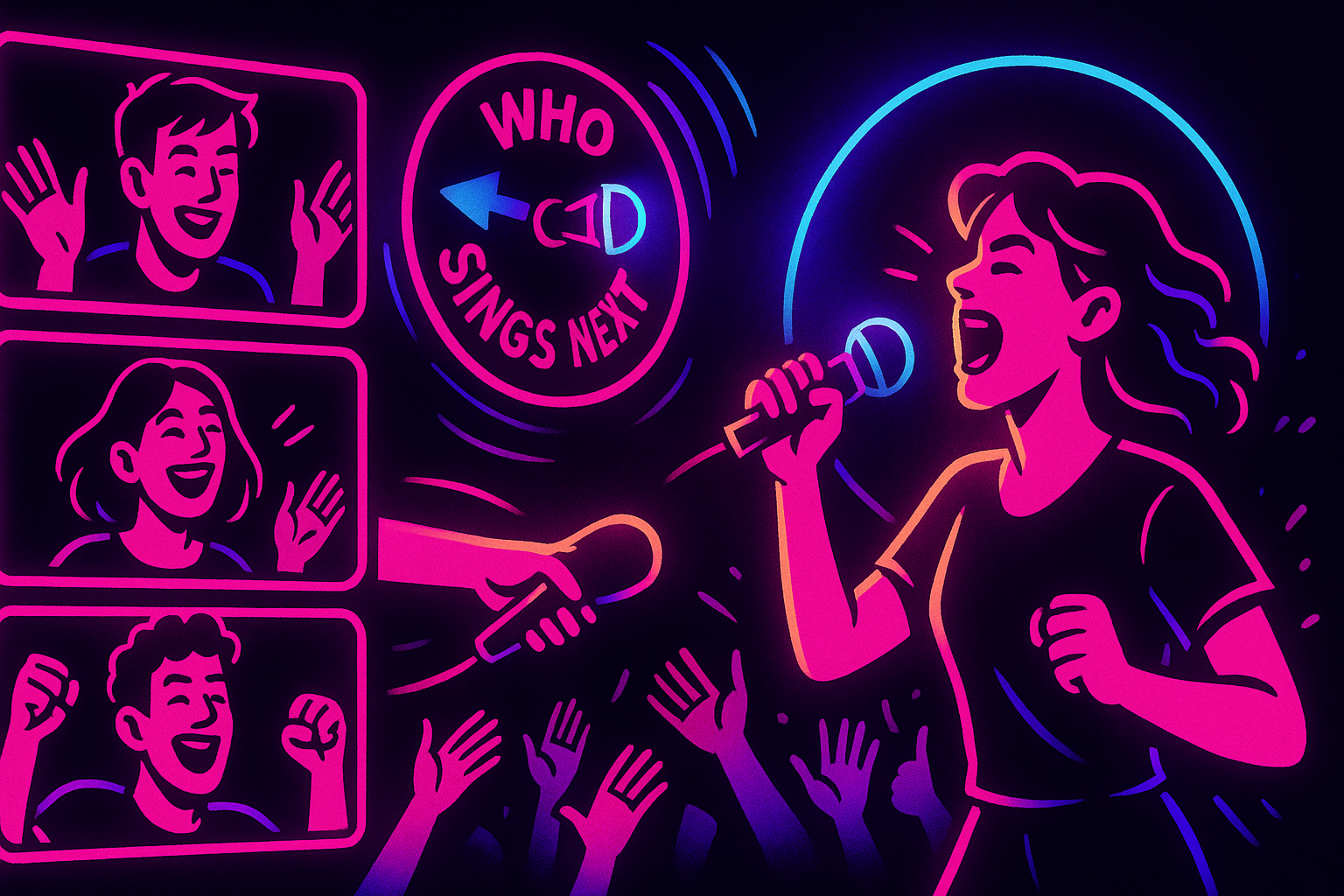 Karaoké collaboratif en direct avec une file de chanteurs et un tirage au sort désignant qui passe ensuite