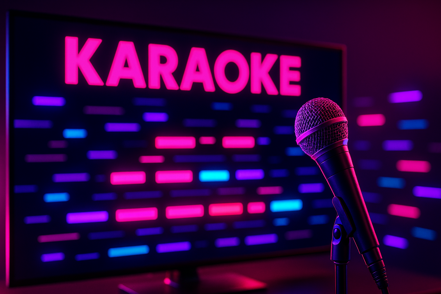 L'écran de karaoké YouTube avec les paroles qui défilent et un micro devant, prêt à chanter par-dessus