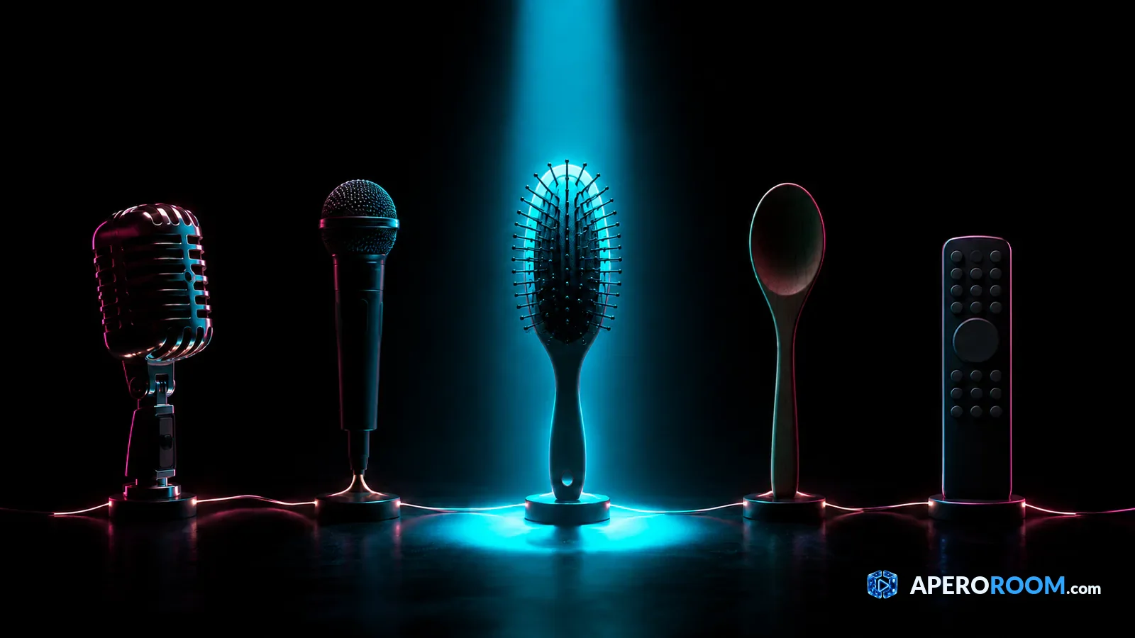 Cinco objetos usados como microfones estão ligados por um fio de luz, com uma escova iluminada a indicar a vez.