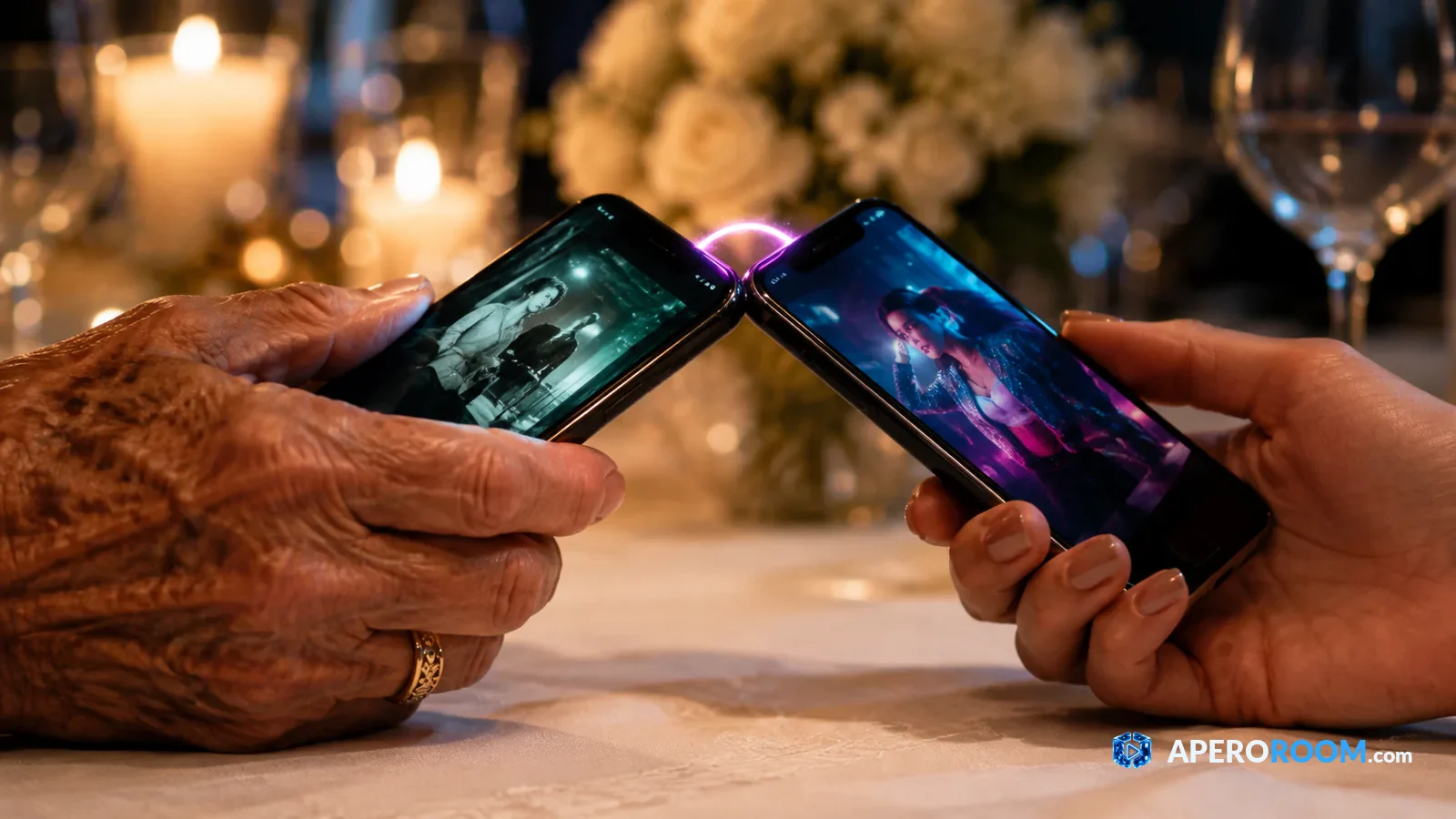Des vidéos qui font parler les générations au mariage Une main âgée et une main jeune rapprochent leurs téléphones pour partager deux vidéos pendant un mariage.