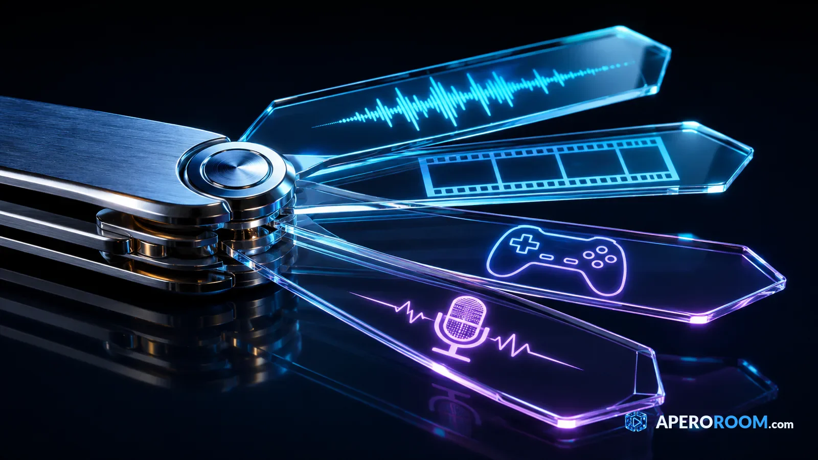 A versatile tool for several content sources A Swiss army knife unfolds glowing blades representing music, cinema, gaming and live.