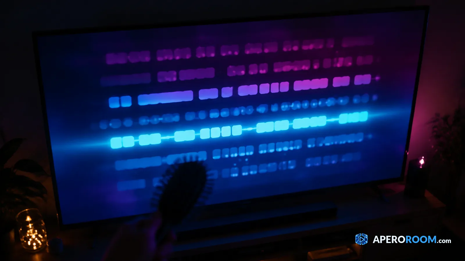 Linhas de letras abstratas passam num televisor enquanto uma escova serve de microfone em primeiro plano.