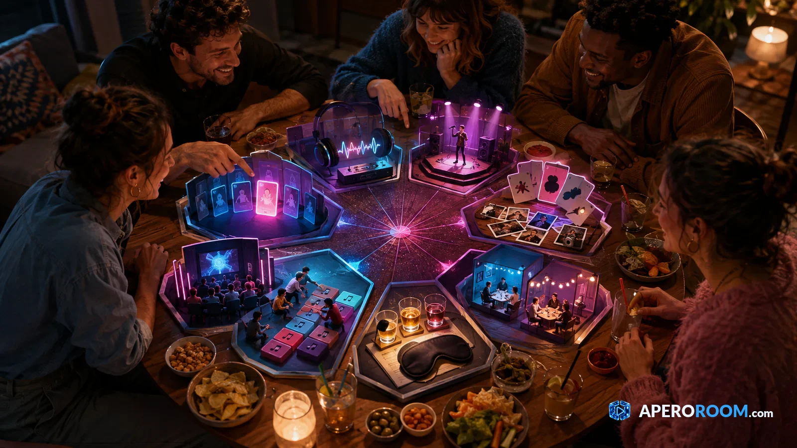 Nine activity ideas rise from a drinks table around five friends looking to restart the evening.