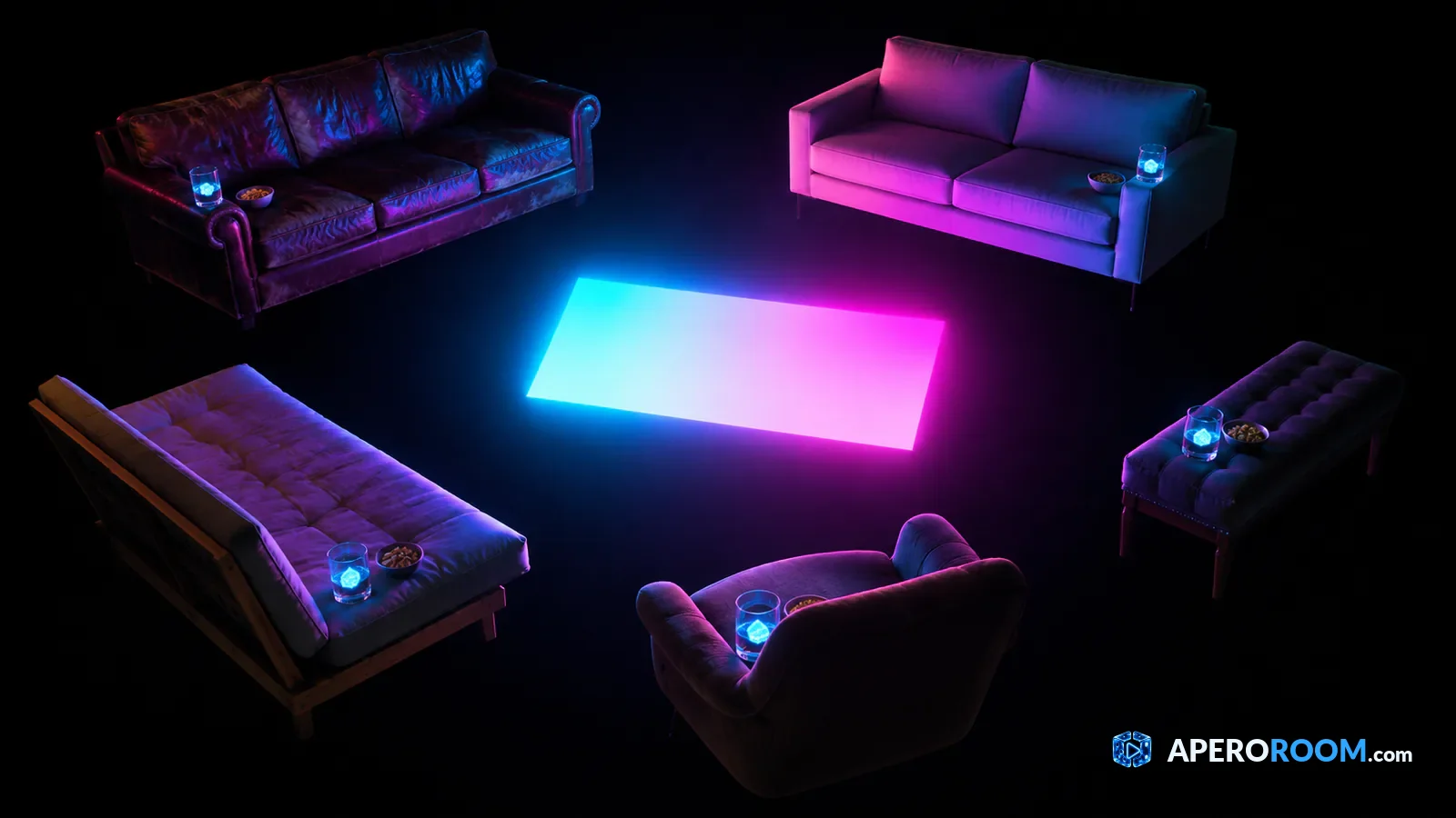 Cinq canapés dépareillés flottent dans le noir, tous tournés vers un même rectangle de lumière.