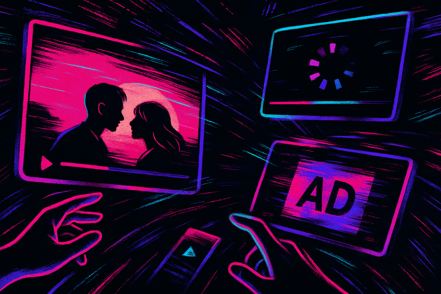 Trois écrans désynchronisés pour la même vidéo YouTube : un qui charge, un sur une pub, un en avance, 15 s de décalage