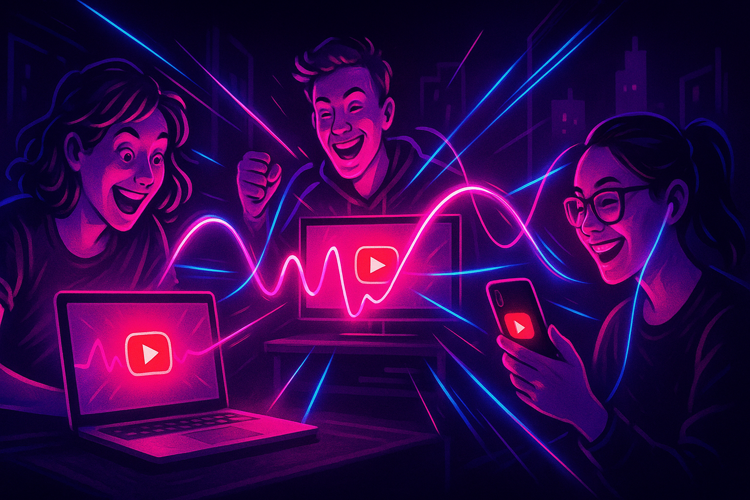 Des amis dans des villes différentes regardent la même vidéo YouTube en même temps, écrans synchronisés reliés par des ondes lumineuses